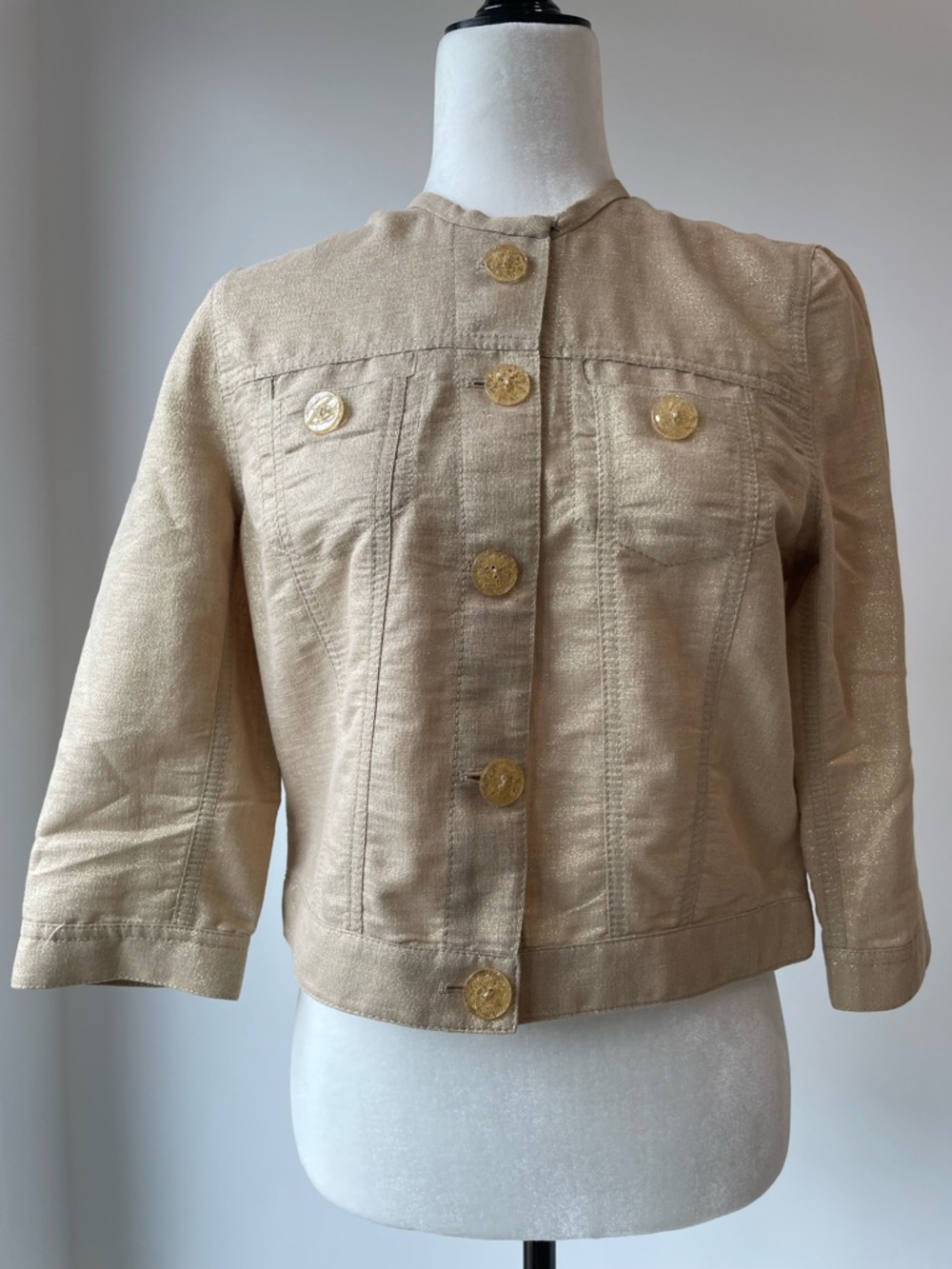 Bianca Nygard Cropped Shimmering Beige Collarless Blazer with Gold Buttons